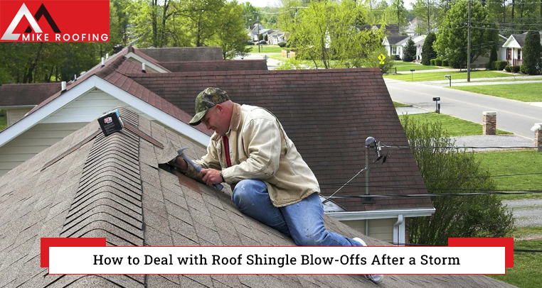 Worker installing shingles on a roof after a storm to prevent damage.